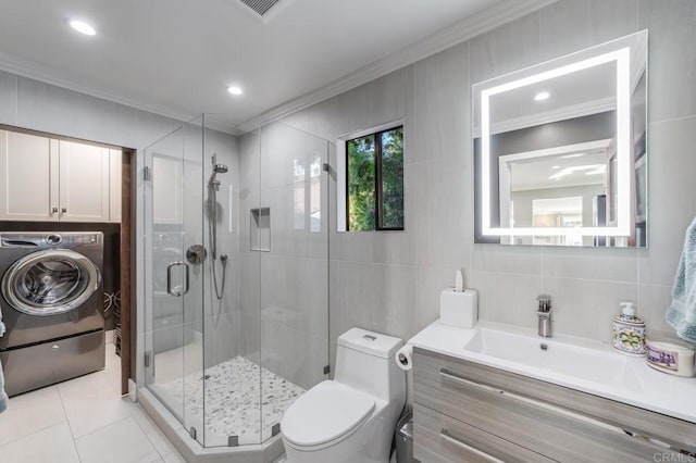 3526 Ticonderoga St, San Diego, CA 92117 - full bathroom with crown molding, washer / clothes dryer, tile walls, vanity, and a shower stall