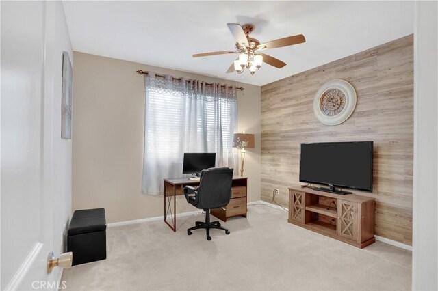1405 Santa Victoria Rd Unit 2, Chula Vista, CA 91913 - home office featuring ceiling fan, an accent wall, carpet, and wooden walls