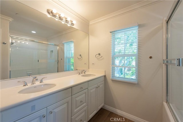23 Bower Tree, Irvine, CA 92603 - bathroom with crown molding, healthy amount of natural light, and double vanity