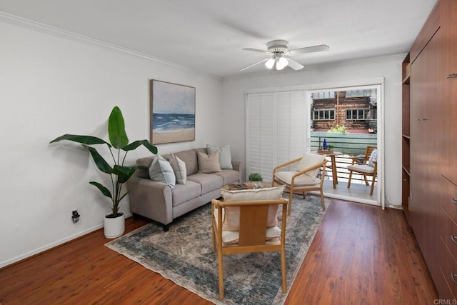 1021 Scott St Unit 130, Point Loma, CA 92106 - living area featuring a ceiling fan, wood finished floors, and crown molding