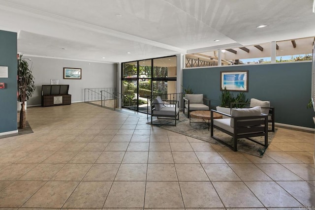 1021 Scott St Unit 130, Point Loma, CA 92106 - building lobby featuring a wall of windows, crown molding, and recessed lighting