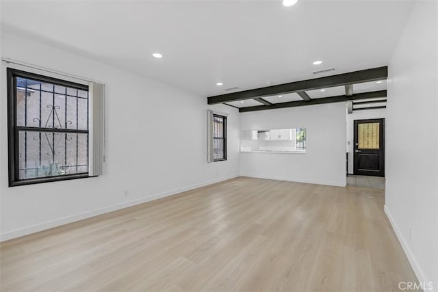 501 W Floral Dr, Monterey Park, CA 91754 - unfurnished living room featuring recessed lighting, light wood finished floors, and beam ceiling