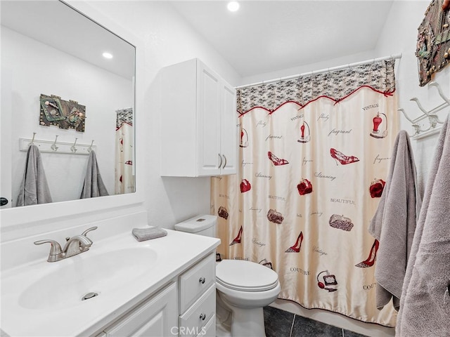1233 Cabrillo Dr, Barstow, CA 92311 - full bath with vanity, tile patterned flooring, recessed lighting, and a shower with shower curtain