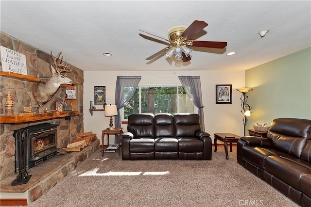 292 Heliotrope Dr, Lake Arrowhead, CA 92352 - living area featuring a ceiling fan, carpet, a wood stove, and recessed lighting