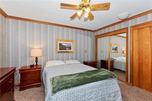 292 Heliotrope Dr, Lake Arrowhead, CA 92352 - carpeted bedroom featuring ornamental molding and a ceiling fan