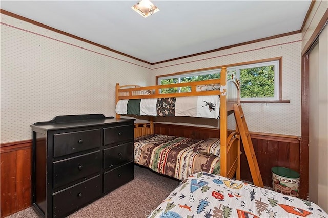 292 Heliotrope Dr, Lake Arrowhead, CA 92352 - bedroom featuring ornamental molding, a wainscoted wall, wooden walls, and carpet floors