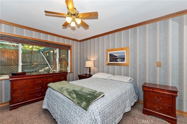 292 Heliotrope Dr, Lake Arrowhead, CA 92352 - bedroom with crown molding, carpet floors, and a ceiling fan