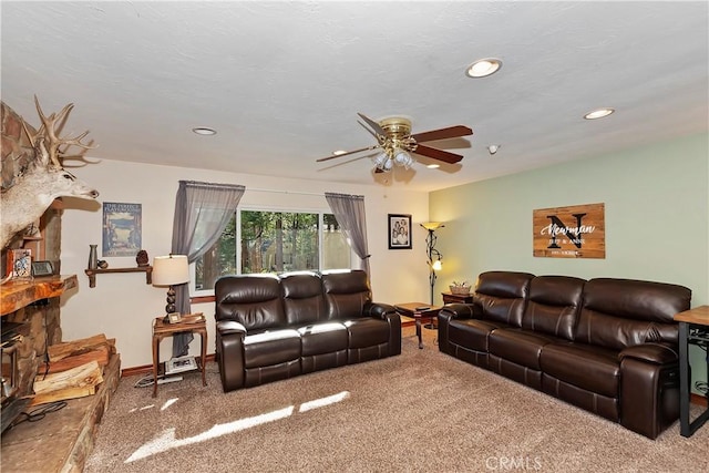 292 Heliotrope Dr, Lake Arrowhead, CA 92352 - carpeted living room with a ceiling fan and recessed lighting