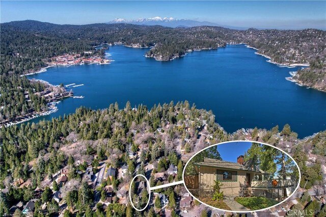 292 Heliotrope Dr, Lake Arrowhead, CA 92352 - aerial view of a nearby body of water and a heavily wooded area