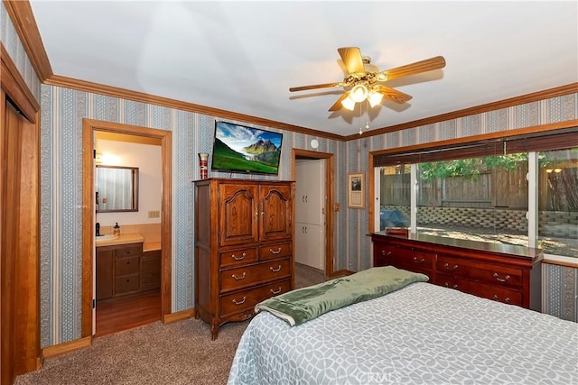 292 Heliotrope Dr, Lake Arrowhead, CA 92352 - carpeted bedroom featuring wallpapered walls, ornamental molding, a ceiling fan, and ensuite bathroom