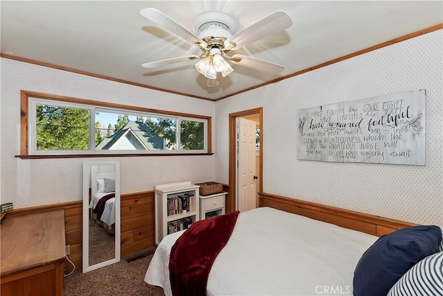 292 Heliotrope Dr, Lake Arrowhead, CA 92352 - carpeted bedroom with crown molding, wallpapered walls, a ceiling fan, and a wainscoted wall