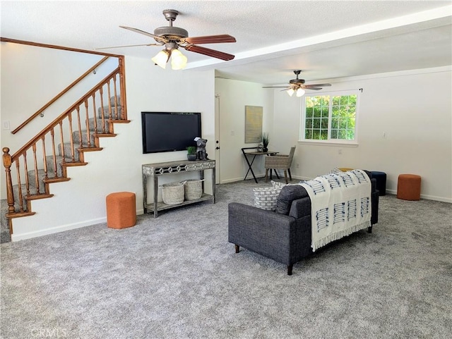1785 Durham Dayton, Durham, CA 95938 - living area featuring carpet floors, ceiling fan, stairs, and a textured ceiling