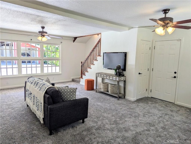 1785 Durham Dayton, Durham, CA 95938 - living room featuring ceiling fan, carpet floors, stairs, and a textured ceiling