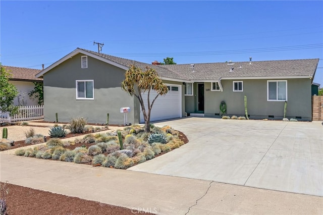 1319 E Monroe Ave, Orange, CA 92867 - ranch-style house with a garage, driveway, stucco siding, and roof with shingles
