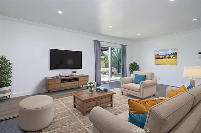 1319 E Monroe Ave, Orange, CA 92867 - living area with crown molding, wood finished floors, and recessed lighting