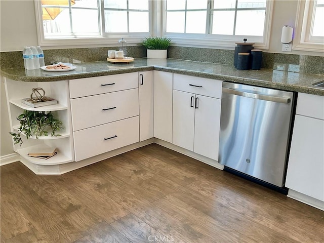 22801 Nolan St, Lake Forest, CA 92630 - kitchen featuring dishwasher, dark wood-style flooring, open shelves, and white cabinets