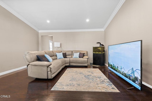 9818 Firebird Ave, Whittier, CA 90605 - living room with crown molding, dark wood-style flooring, and recessed lighting
