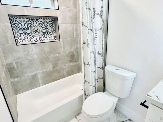 7118 Stanford Ave, La Mesa, CA 91942 - full bathroom with shower / bath combo with shower curtain, marble finish floors, and vanity