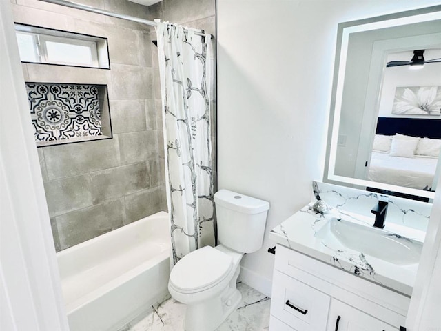 7118 Stanford Ave, La Mesa, CA 91942 - full bathroom featuring vanity, shower / bathtub combination with curtain, marble finish floors, and ensuite bathroom