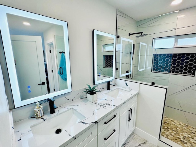 7118 Stanford Ave, La Mesa, CA 91942 - full bathroom featuring walk in shower, double vanity, marble finish flooring, and recessed lighting