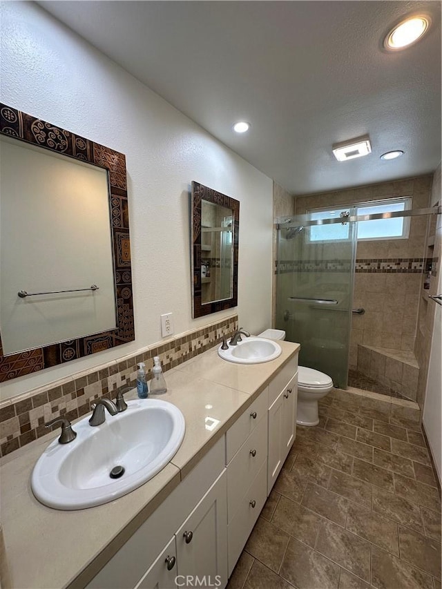 13191 Honeybee St, Moorpark, CA 93021 - full bath featuring a stall shower, double vanity, decorative backsplash, and recessed lighting