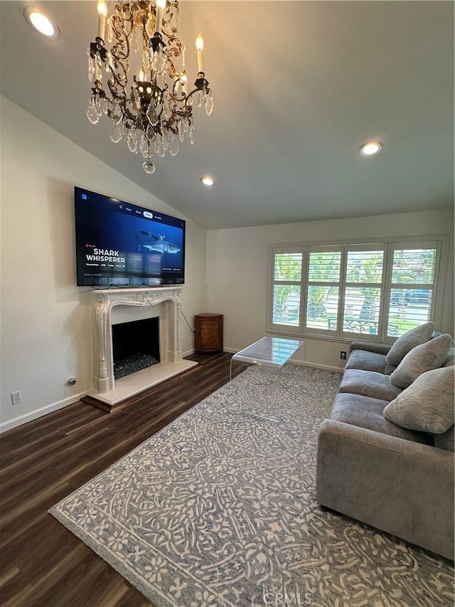 13191 Honeybee St, Moorpark, CA 93021 - living room with wood finished floors, a chandelier, lofted ceiling, a fireplace, and recessed lighting