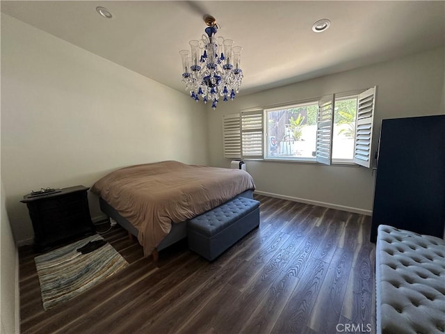 13191 Honeybee St, Moorpark, CA 93021 - bedroom with radiator heating unit, dark wood finished floors, a chandelier, and recessed lighting