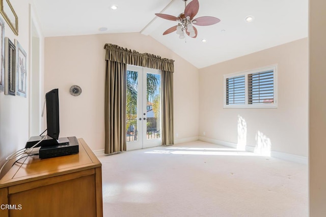 2110 Ravoli Dr, Oxnard, CA 93035 - unfurnished living room featuring french doors, lofted ceiling, carpet, ceiling fan, and recessed lighting