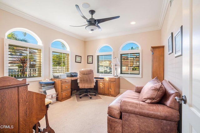 2110 Ravoli Dr, Oxnard, CA 93035 - office space with light carpet, a ceiling fan, ornamental molding, and recessed lighting