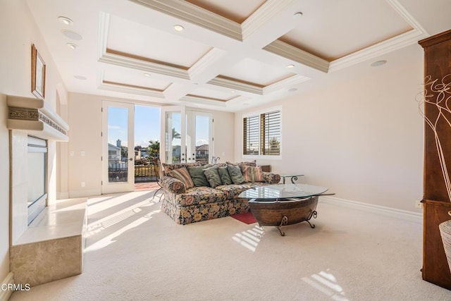 2110 Ravoli Dr, Oxnard, CA 93035 - living room featuring carpet, beam ceiling, ornamental molding, coffered ceiling, and french doors