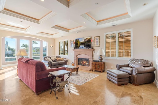 2110 Ravoli Dr, Oxnard, CA 93035 - living area featuring a glass covered fireplace, crown molding, coffered ceiling, and beamed ceiling