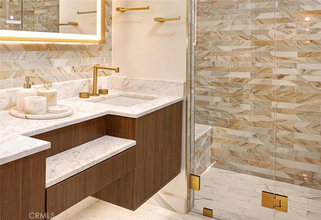 26144 Kenrose Cir, Calabasas, CA 91302 - full bathroom featuring vanity, a shower stall, and marble finish floors