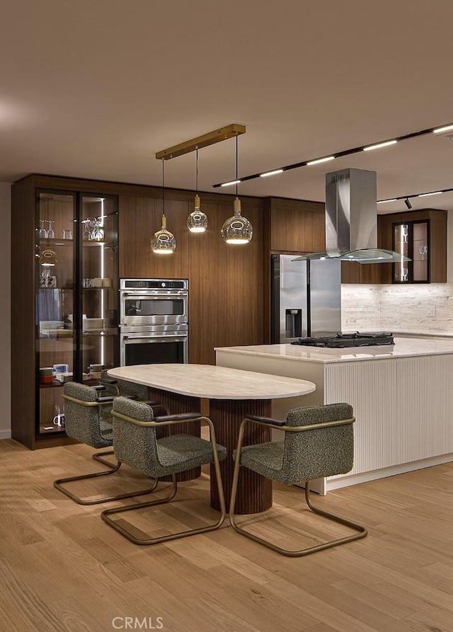 26144 Kenrose Cir, Calabasas, CA 91302 - kitchen featuring appliances with stainless steel finishes, island range hood, light wood-style floors, and hanging light fixtures