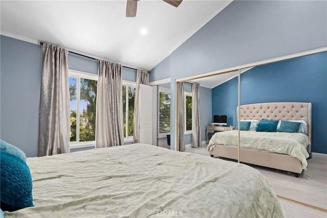 23711 Whale Cv, Laguna Niguel, CA 92677 - bedroom featuring wood finished floors, a ceiling fan, recessed lighting, and high vaulted ceiling