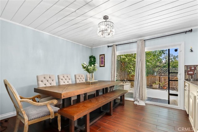 23711 Whale Cv, Laguna Niguel, CA 92677 - dining space with a chandelier, ornamental molding, dark wood-type flooring, and wood ceiling