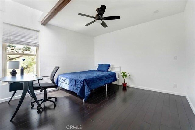 8742 Azul Dr, West Hills, CA 91304 - bedroom featuring wood finished floors, beam ceiling, ceiling fan, and an office area