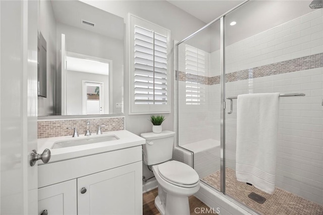 113 Soaring Eagle, Irvine, CA 92618 - full bathroom with a stall shower, vanity, and decorative backsplash