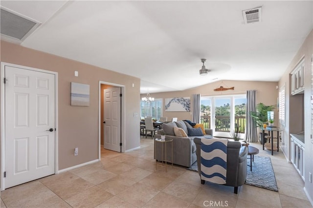 8674 Paseo De Vaca, Atascadero, CA 93422 - living room with ceiling fan, a chandelier, vaulted ceiling, and light tile patterned flooring