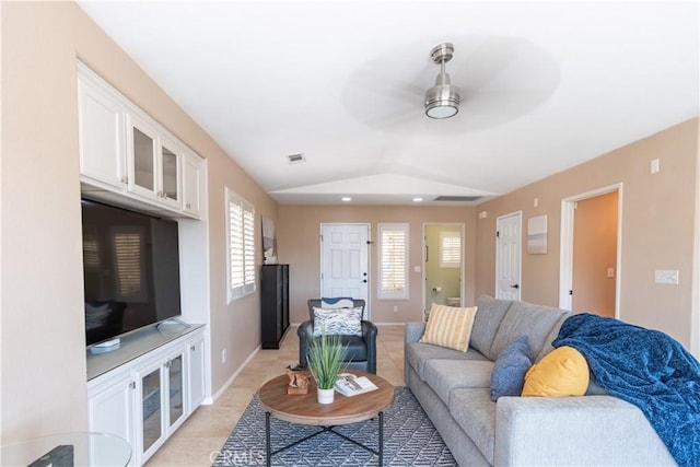 8674 Paseo De Vaca, Atascadero, CA 93422 - living room featuring ceiling fan, light tile patterned floors, and lofted ceiling