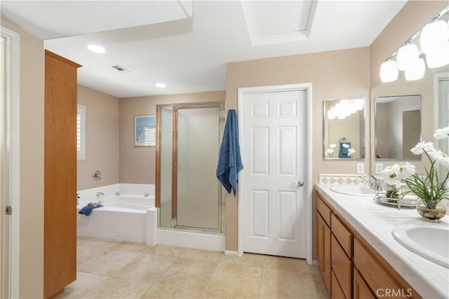 8674 Paseo De Vaca, Atascadero, CA 93422 - bathroom with a bath, double vanity, a shower stall, tile patterned floors, and recessed lighting