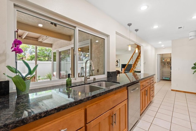 2005 Countrywood Ct, Encinitas, CA 92024 - kitchen featuring stainless steel dishwasher, pendant lighting, light tile patterned floors, recessed lighting, and brown cabinets