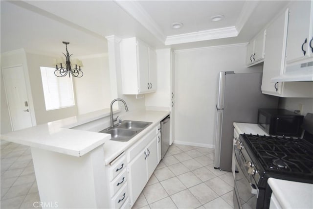 16377 Lakeshore Dr Unit 4D, Lake Elsinore, CA 92530 - kitchen with stainless steel appliances, ventilation hood, light countertops, a chandelier, and white cabinets
