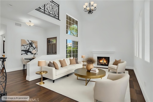 19900 Mariposa Creek Way, Porter Ranch, CA 91326 - living room featuring dark wood-style flooring, a chandelier, a warm lit fireplace, and a high ceiling