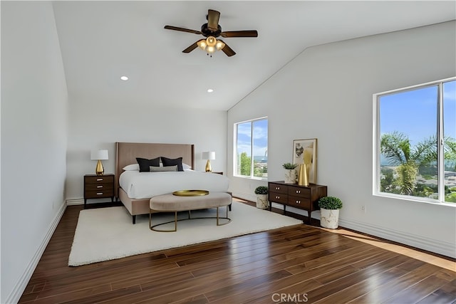 19900 Mariposa Creek Way, Porter Ranch, CA 91326 - bedroom with wood finished floors, recessed lighting, high vaulted ceiling, and a ceiling fan