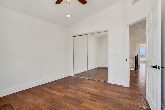 19900 Mariposa Creek Way, Porter Ranch, CA 91326 - unfurnished bedroom with attic access, vaulted ceiling, wood finished floors, a closet, and ceiling fan