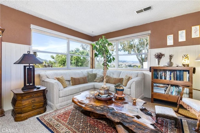 1595 15th St, Los Osos, CA 93402 - living room with carpet flooring, a textured ceiling, healthy amount of natural light, and wainscoting