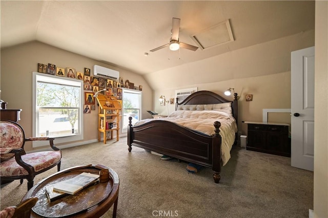 1711 Shasta St, Anderson, CA 96007 - carpeted bedroom with a wall mounted air conditioner, vaulted ceiling, and a ceiling fan