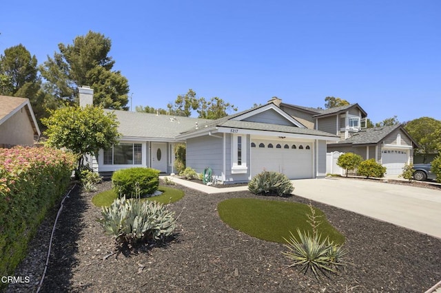 5217 Hillridge Dr, Camarillo, CA 93012 - ranch-style house featuring a chimney, a garage, concrete driveway, and roof with shingles
