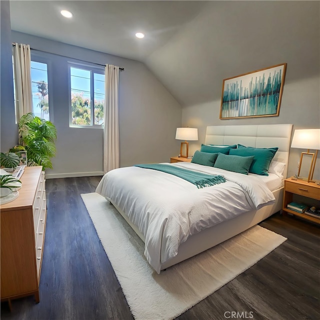 3087 N Lugo Ave, San Bernardino, CA 92404 - bedroom featuring dark wood-style floors, vaulted ceiling, and recessed lighting