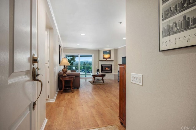 1560 Circa Del Lago Unit D204, San Marcos, CA 92078 - hallway with light wood-style flooring, ornamental molding, and recessed lighting